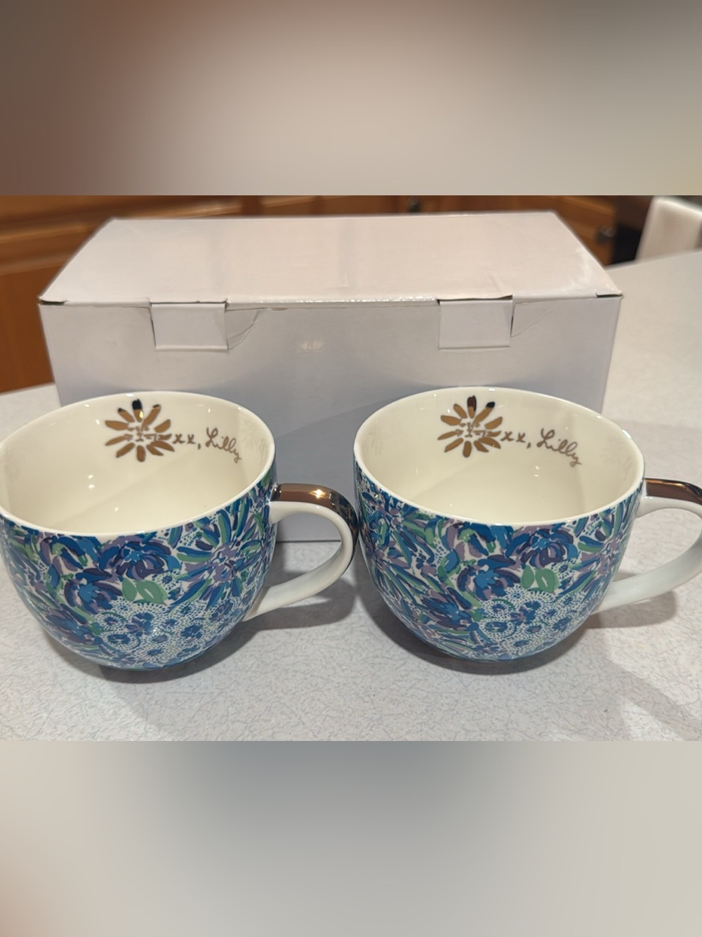 Lilly Pulitzer Blue & Green Floral Ceramic Mug Set with Gold Accents - 2 Pack